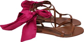 Valentino Garavani Ribbon Strappy Flat Sandals in Brown Leather