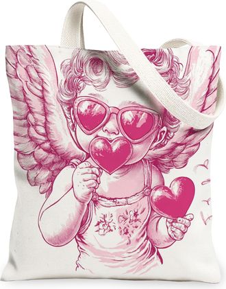Generic Romantic Valentines Day Angel Canvas Tote Bag for Shopping 13x15, Fun Romantic Love Heart Reusable Grocery Print Bag for Women, Holiday Beach Aestheti