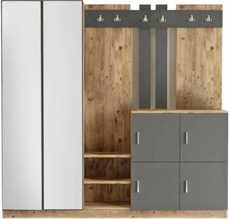 Dmora Muebles de entrada Dnikolao, Entrada para perchas, Composición para atrio, Consola de almacenamiento multifunción, 187x38h180 cm, Roble y Antracita