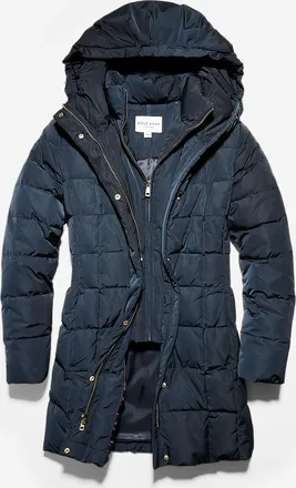 Cole Haan Womens 32 Signature Hooded Taffeta Down Coat - Blue Size Large