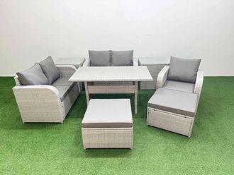 Fimous High Back Poly Rattan Garden Furniture Set w/ Reclining Chair Loveseat Sofa Rectangular Dining Table Indoor Outdoor Patio Set 2 Big Stool 2