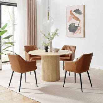 Furniturebox Penrose Oak Effect Round Dining Table & 4 Calla Faux Leather Chairs in Tan