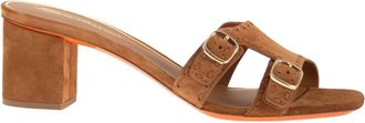 Santoni su&egrave;de muilezelsandalen met dubbele gesp en blokhak
