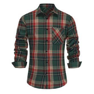 Generic Christmas Shirts for Men Casual Regular-Fit Long-Sleeve Button Down Shirt Linen Checked Shirt Fashion Soft Feasting Gifting Celebrating Turn Down Coll