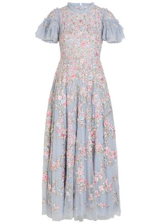Needle & Thread Lunaria Floral-embroidered Ruffled Tulle Gown - Blue - 18 (UK18 / Xxl)