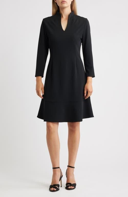 Ming Wang Long Sleeve Stretch Crepe Fit Flare Dress in Black at