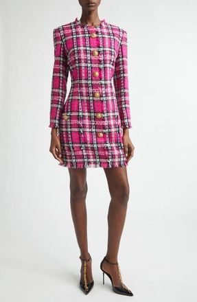 Balmain Long Sleeve Fringe Tweed Dress in Pink Multi at Nordstrom, Size 10 Us