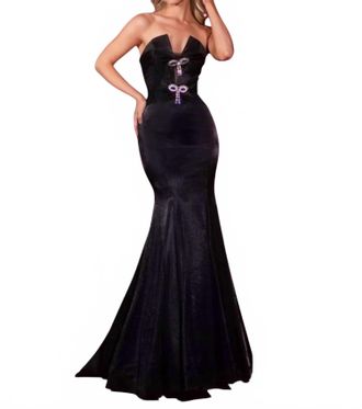 Portia & Scarlett Strapless Crystal Bow Mermaid Prom Gown In Black