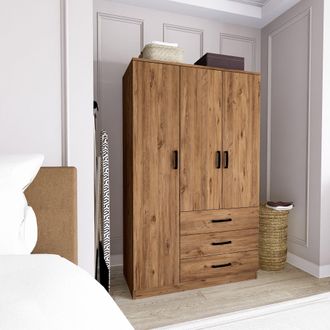 Dmora Guardarropa 3 Puertas Valdengo, Armario Dormitorio 3 Estantes, 3 Cajones, Perchero, 90x47 Cm Roble Marr&oacute;n