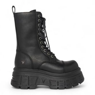 Windsor Smith Womens Black Mid-Calf Biker Leather Platform Combat Boots - Screaming