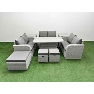 Fimous 9 Seater pe Wicker Rattan Furniture Sofa Sets with Adjustable Lifting Dining or Coffee Table 2 Seater Love Sofa 3 Stool Side Table Light Grey - Fimous
