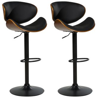 Beliani Conjunto De 2 Sillas De Bar De Piel Sint&eacute;tica Madera Oscura Giratorio Con Respaldo Regulables Negro Rotterdam Ii