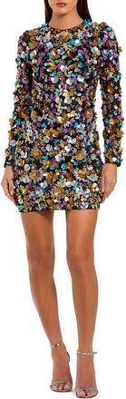 Mac Duggal Embellished 3D Sequin Long Sleeve Mini Dress in Black Multi at Nordstrom, Size 10
