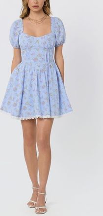 ASTR the Label Ilianna Floral Border Print Minidress in Blue Floral Gingham at Nordstrom, Size X-Small