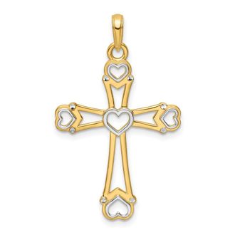 Diamond2Deal 14k Yellow Gold Rhodium Diamond-Cut Cross Hearts Pendant