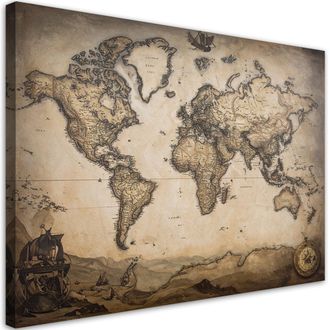 Feeby Cuadro En Lienzo, Mapa Del Mundo De Estilo Vintage, 120x80