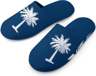 Generic South Carolina Flag Flannel Mens Slip-on Slippers Winter Warm House Shoes with Rubber Sole for Home Hotel