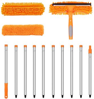 No Brand Escobilla Limpiacristales De Doble Cara 2 En 1 Para Limpiar Y Mantener Cristales, Ideal Para Espacios Altos, Color Naranja Y Acero Inoxidable