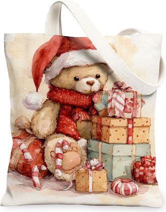 Generic Christmas Bear Canvas Tote Bags, Cute Animal Pattern Reusable Grocery Bags, Winter Vintage Lightweight Washable Shoulder Strap Canvas for Travel Picni