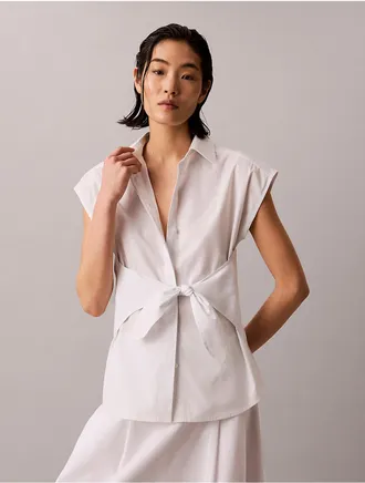 Calvin Klein Womens Cotton Poplin Tie Button-Down Shirt - White - XS