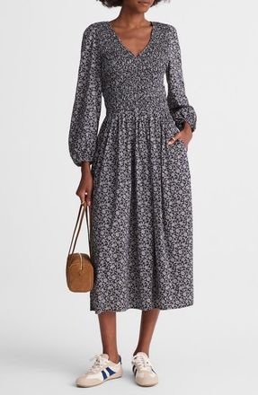 Madewell Floral Smock V-Neck Cotton Blend Midi Dress in Classic Navy at Nordstrom, Size Xx-Small