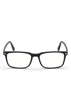 Tom Ford 54mm Rectangular Blue Light Blocking Glasses in Black Rose Gold /T Logo at Nordstrom