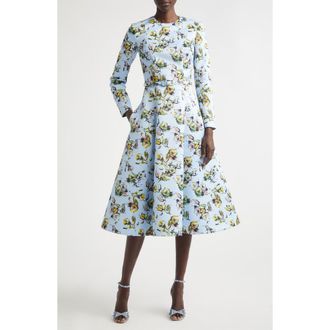 Emilia Wickstead Capucine Floral Print Long Sleeve Belted Satin Midi Dress in Magnolia Print - Blue at Nordstrom, Size 12