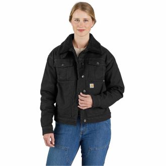 Carhartt Work in Progress Rugged Flex Trucker Jacket Womens Black Sherpa Lined Loose Fit POSH183