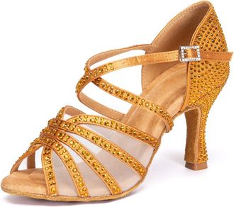 Minitoo Womens Salsa Ballroom Dancing Sandals Rhinestones Beaded Wedding Prom Shoes L652 Bronze 8.5cm Heel UK 8.5