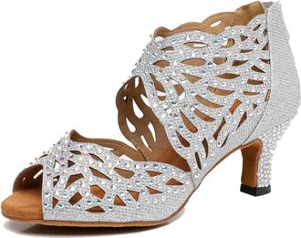 Minitoo Womens Crystals Beaded Peep Toe Ballroom Dance Shoes Evening Prom Ankle Sandals Boots L626 Silver 6cm Heel UK 7