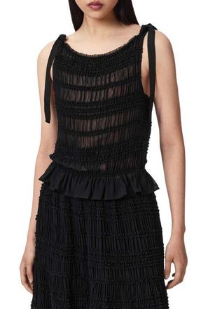 AllSaints Lotus Sheer Shirred Tie Shoulder Peplum Top in Black at Nordstrom, Size 12 Us