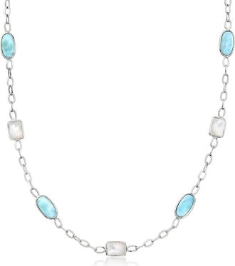 Ross-Simons Mother-Of-Pearl and Larimar Station Necklace in Sterling Silver