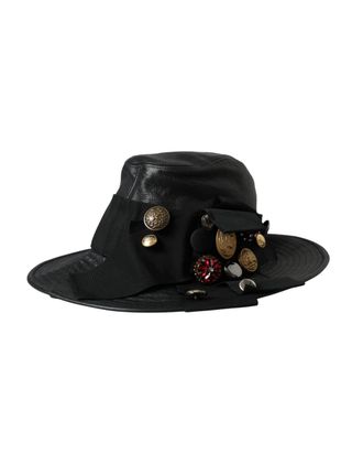 Dolce & Gabbana Womens Black Leather Dg Coin Crystal Wide Brim Hat Bull Cotton Acetate