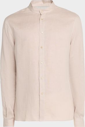 Brunello Cucinelli Mens Linen and Cotton Band Collar Button-Down Shirt