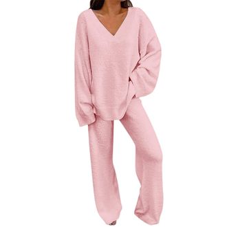Generic Tracksuit Womens Full Set Ladies V Neck Oversized Pajamas Soft Loungewear Summer Pjs Set Long Sleeve Shirts and Wide Leg Pants Causal Comfortable Wome