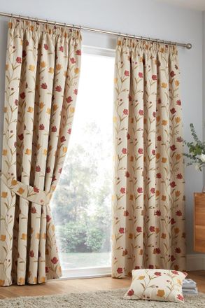 Curtina Juliette Floral Jacquard Fully Lined Pair of Pencil Pleat Curtains in Red | Size: 229 cm width x 229 cm drop