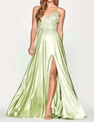 Faviana Beaded Bodice A-Line Gown In Celery