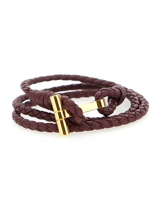 Tom Ford Bordeaux Bracelet With Intrecciato Motif In Leather And Brass Woman
