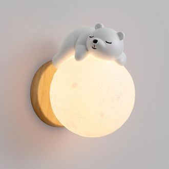 OEM L&aacute;mpara De Pared Para Habitaci&oacute;n Infantil - Luna Moderna En Madera Y Oso De Resina - Pantalla De Pla, Bombilla G9 Iluminaci&oacute;n Decorativa Y De Mesita D