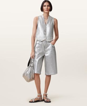 AllSaints Cotton Louie Metallic Long Denim Shorts, Size: 25