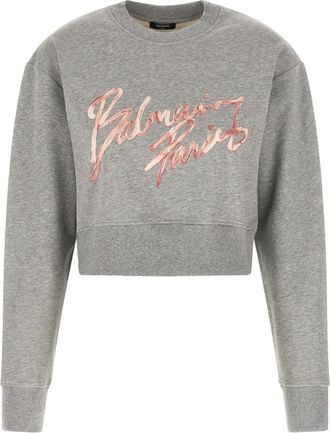 Balmain Cropped Printed Cotton Sweatshirt - Dames - Sweatshirts - Grijs - M - Katoen - Hoodies & sweatvesten