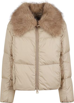 Herno Short Down Jacket With Faux Fur Collar And Horizontal Quilting