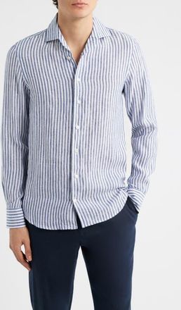 Aur&eacute;lien Seaside Linen Button-Up Shirt in Navy Stripe at Nordstrom, Size Xx-Large