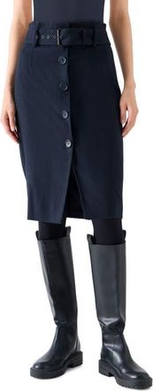 Akris Belted High Waist Virgin Wool Blend Flannel Pencil Skirt in Navy at Nordstrom, Size 10