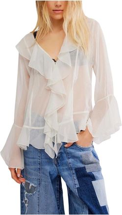 Free People Bali Tulula Chiffon Top Womens White Sheer V-Neck GBO3723