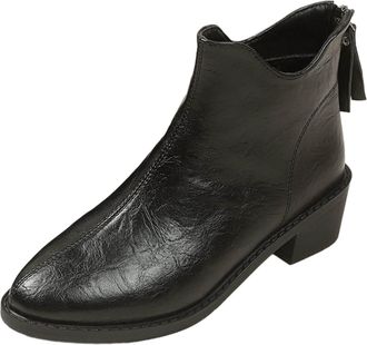 Generic Winter British Ladies Fashion Solid Leather Pointed Toe Ankle Boots with Rear Zipper and Chunky Heel Design for Stylish Comfort (Black, 4. 5)