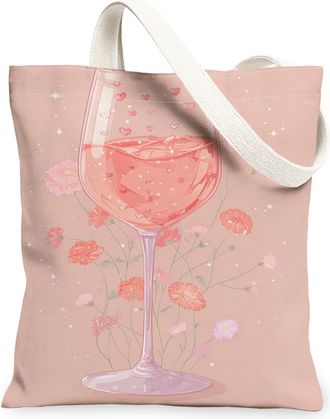 Generic Floral Glass Peach Canvas Tote Bags, Stylish Flower Design Reusable Grocery Bags, Summer Vintage Lightweight Washable Shoul, Peach, 13x15 Inch