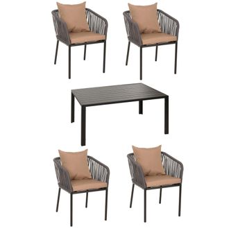 Hhg Nunca Usado] Set De Jard&iacute;n Hhg 616, Mesa+4xsillas, Aluminio Resistente A La Intemperie 140x80cm, Tejido De Cuerda Rope, Antracita Cojines Taupe