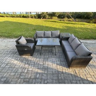 Fimous Outdoor Lounge Sofa Set Wicker pe Rattan Garden Furniture Set with Rectangular Dining Table Reclining Chair Side Table 2 Small Footstools Dark Grey
