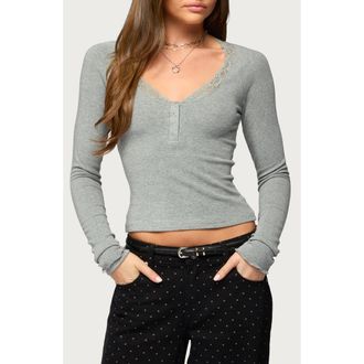 Edikted Shanah Lace Trim Henley in Gray-Melange at Nordstrom, Size X-Large
